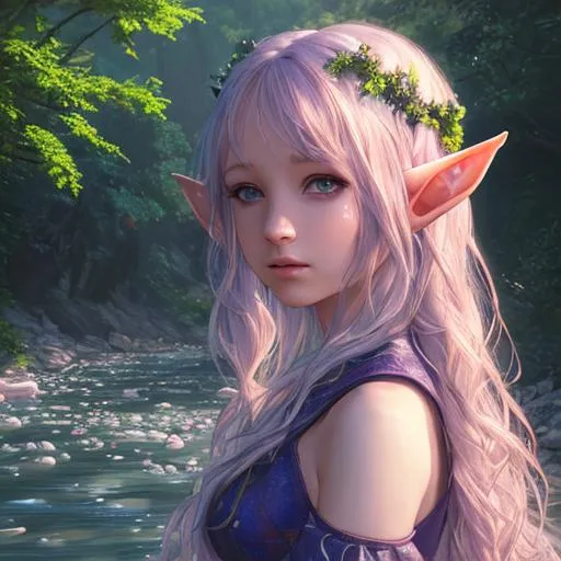 Prompt: UHD, environment, bloom, leavvess, By a river, Highly detailed, HD colour, Young girl, iridesence, elf ears, flowing hair, HD colour