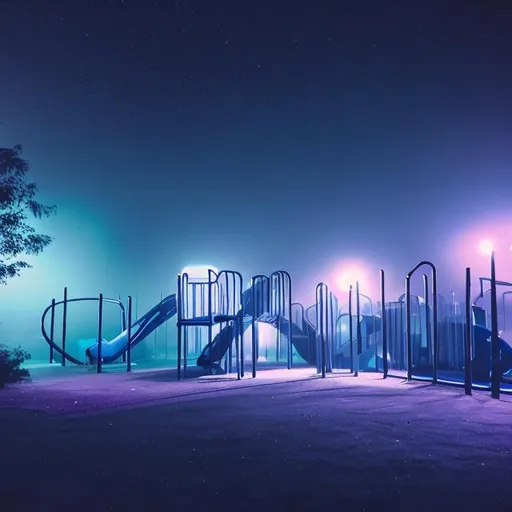 Liminal space playground at night with fog
