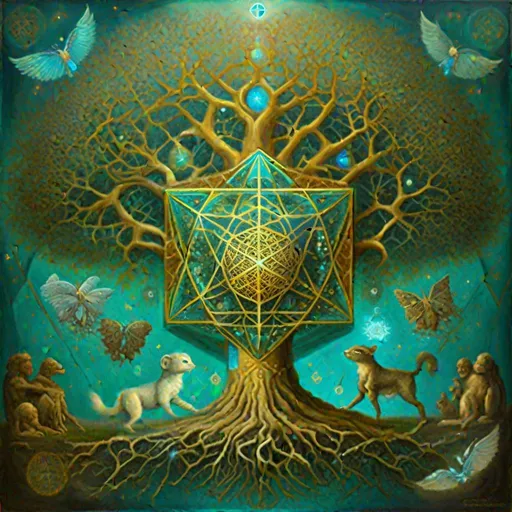 Prompt: a highly detailed oil painting of  Metatrons cube making love to kabbalistic Tree of Life ,  flower of life pattern in background, stylized, in The Fifth Dimension, animals and  small creatures crawling and flying around, Agostino Arrivabene,  turquoise,  sienna , gold. 