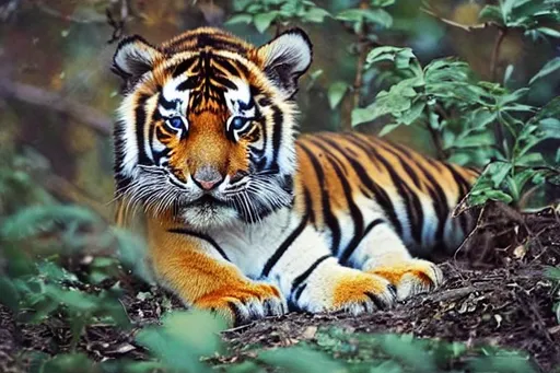 Prompt: cub  tiger cutest small in  forest with blue eyes,landscape with flower and trees ,nature,artistic