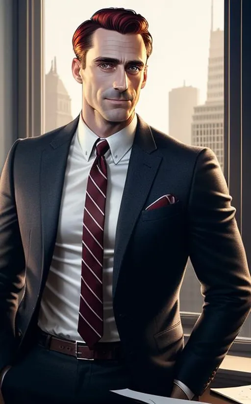 Prompt: Portrait of John Hamm as Howard Roark with reddish hair and with heoric and stearn face, office background, perfect composition, hyperrealistic, super detailed, 8k, high quality, trending art, trending on artstation, sharp focus, studio photo, high key lighting, intricate details, highly detailed, by greg rutkowski