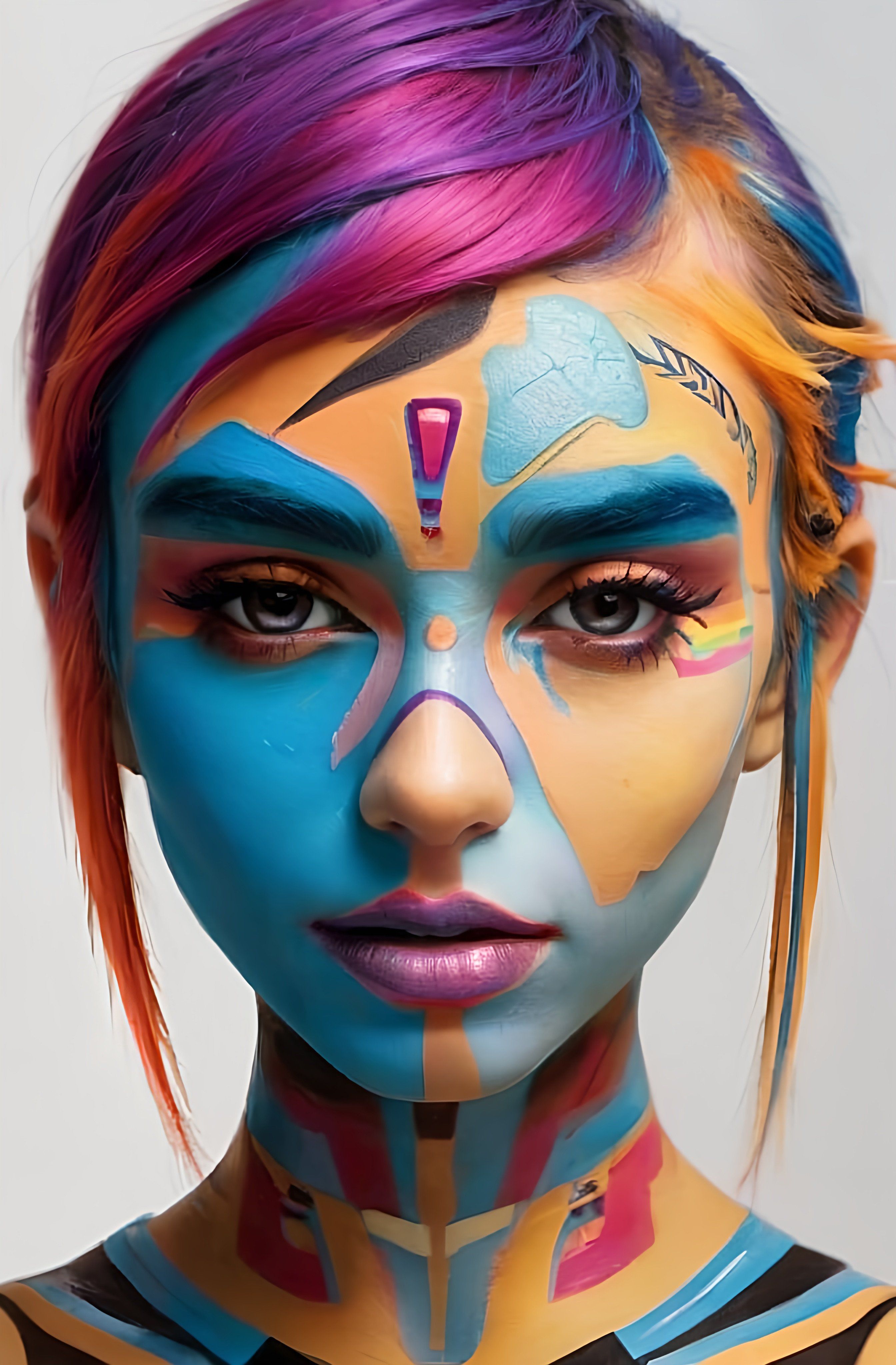 Prompt: a woman with colorful makeup and makeup art on her face and face paint on her face and chest, a pop art painting