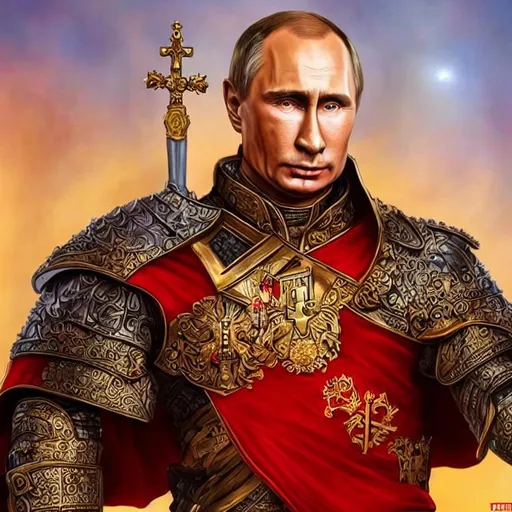 Prompt: fantasy detailed illustration Vladimir Putin, Russian, regal, royal, armor, god warrior, occidental, holy, majestic, prestige, red, white, blue