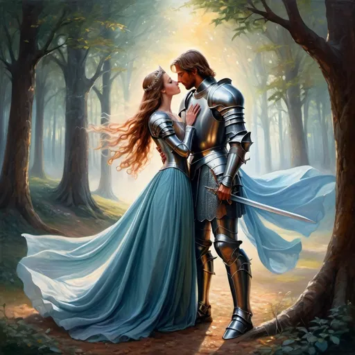 Prompt: Passionate fantasy illustration of a knight and princess, ethereal and timeless, oil painting, intricate medieval armor, flowing luxurious gown, enchanted forest setting, romantic and dreamy atmosphere, high quality, detailed, fantasy, romantic, oil painting, ethereal, medieval armor, flowing gown, enchanted forest, passionate kiss, timeless, dreamy atmosphere