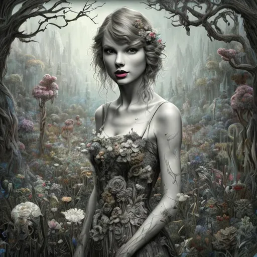 Prompt: generate me a Taylor Swift album cover concept with no words whatsoever on it called "Flora" which features a rustic, forest-like aesthetic true to her later eras such as Evermore and Folklore. it must be highly realistic detailed, 4k HD with sunlight shining over taylor, a detailed body with no words. it can be black and white.