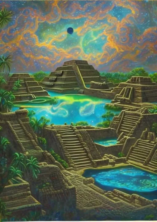 Prompt: A painting of a ancient Mayan infinity pond at night 