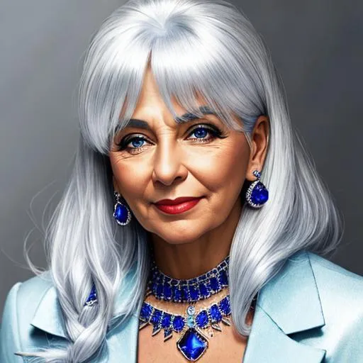 Prompt: A woman with silver hair, wearing sapphire jewelry 