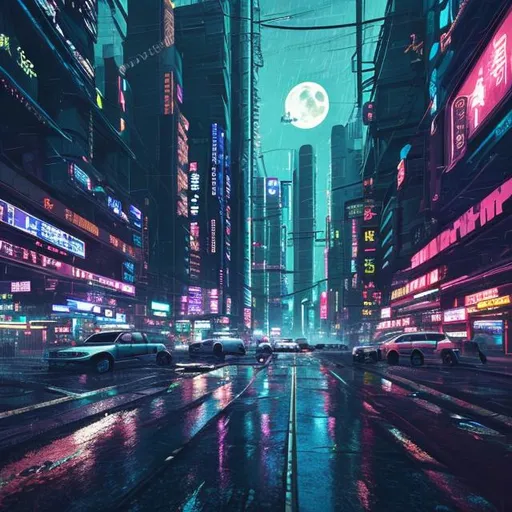 Prompt: cyberpunk city street view with in rain with large moon