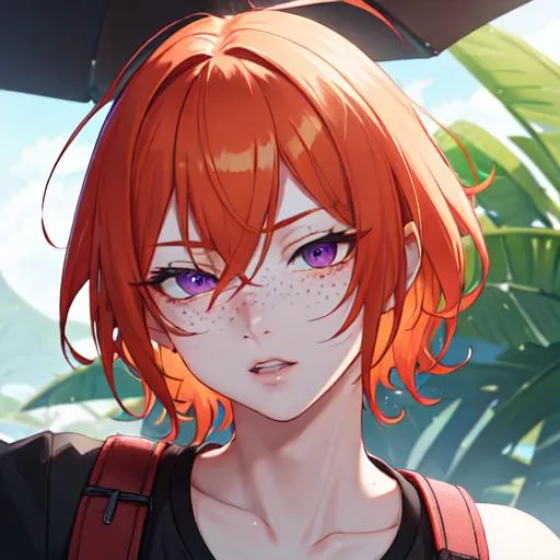 Prompt: Erikku male adult (short ginger hair, freckles, right eye blue left eye purple) UHD, 8K, Highly detailed, insane detail, best quality, high quality, anime style, tired