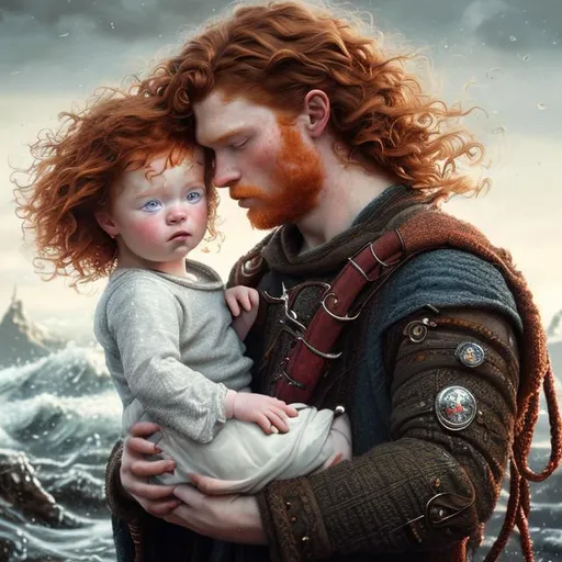 Prompt: Red-haired man with wavy hair with blue eyes,Holding baby girl, red curly hair,perfect composition, hyperrealistic, super detailed, 8k, high quality, trending art, trending on artstation, sharp focus, studio photo, intricate details, highly detailed, medieval, scotland landscape