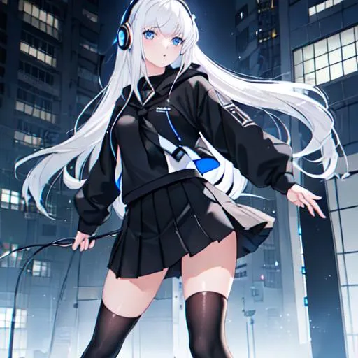 Prompt: A white hair girl with blue eyes wearing black headphone, a black hoodie, black tennis skirt, school uniform, black necktie on the building which is from Future of Japan 4k with blue LED on two long black antennas  fighting aliens
