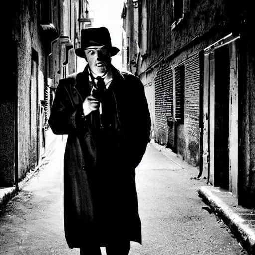 Prompt: Black and white film noir detective in a dark alley with bullet wound