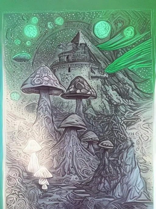 Prompt: Wizard standing in front of castle. Celtic. Green hills, mushrooms.