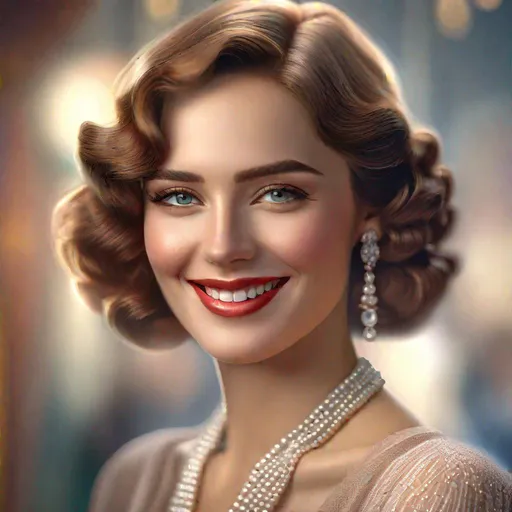 Prompt: An ultra realistic waist up portrait of good looking woman in the 1920s, long shot super detailed lifelike illustration, pearly white teeth, 

soft focus, clean art, professional, colorful, CGI winning award, UHD, HDR, 8K, RPG, UHD render, HDR render, 3D render cinema 4D