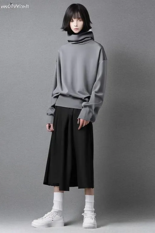 Prompt: Whimsigoth, Young adult male with grey skin, long black flowy skirt, loose black mock turtleneck, #678900 clothes accents, dance shoes, dramatic