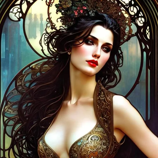 Prompt: Attractive woman, Alphonse Mucha, Luis Royo, Joyce ballantyne, rainbow hair