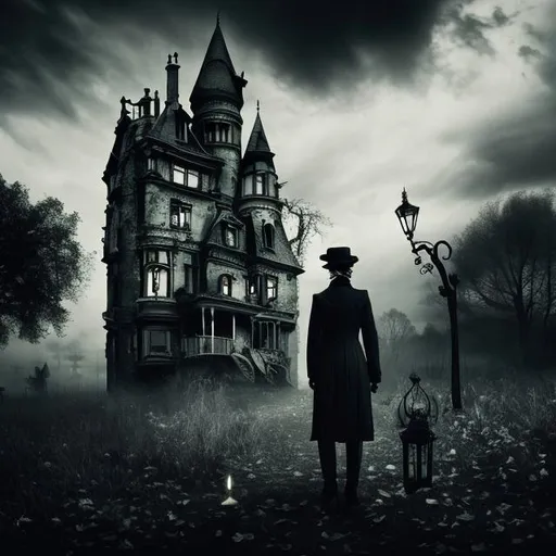 Prompt: ((In the style of Tim Burton)), vintage, black and white, eerie atmosphere, haunted house, crumbling wallpaper, twisted shadows, menacing presence, paper scraps swirling in the air, terrified protagonist, flickering candlelight, suspenseful music