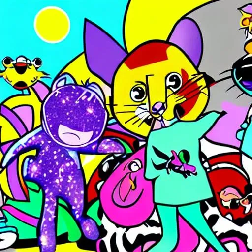 Prompt: Cartoon animals raving in outter space.