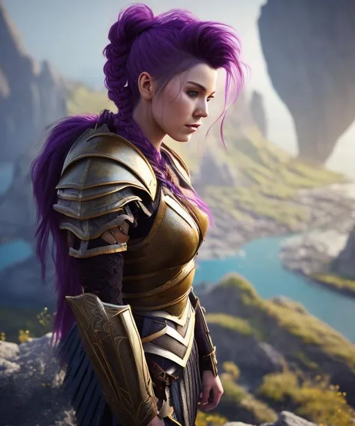 Prompt: Digital art, 20-year-old woman viking, dark purple hair, a single braid draping down the side of her right shoulder, black gear, gold armor, standing on the edge of a cliff, unreal engine 8k octane, 3d lighting, full body, full armor
