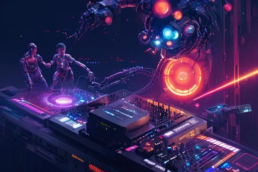 Prompt: ai robot deejay with dancing happy people and a lasershow, perfect composition, hyperrealistic, super detailed, 8k, high quality, trending art, trending on artstation, sharp focus, studio photo, intricate details, highly detailed, cyberpunk, by greg rutkowski