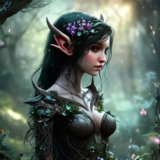 Prompt: Woman elf  short black  hair kind tall beautiful, 8k realistic, detailed flower dress dress standing up mystical garden background intimidating petite good looking 