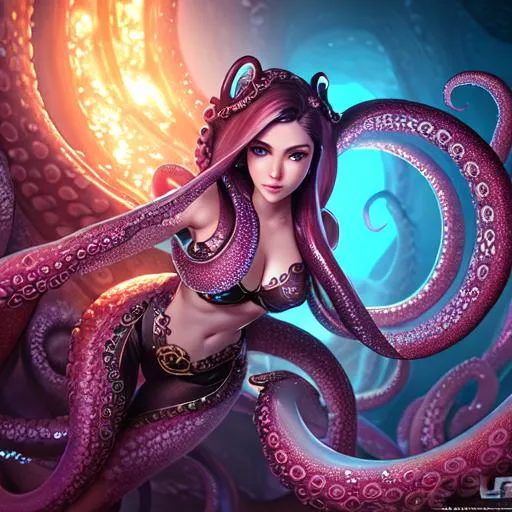 Prompt: extremely realistic, hyperdetailed, female anthropomorphic octopus, tentacle limbs, highly detailed face, highly detailed eyes, full body, whole body visible, full character visible, soft lighting, high definition, ultra realistic, unreal engine 5, 8K, digital art