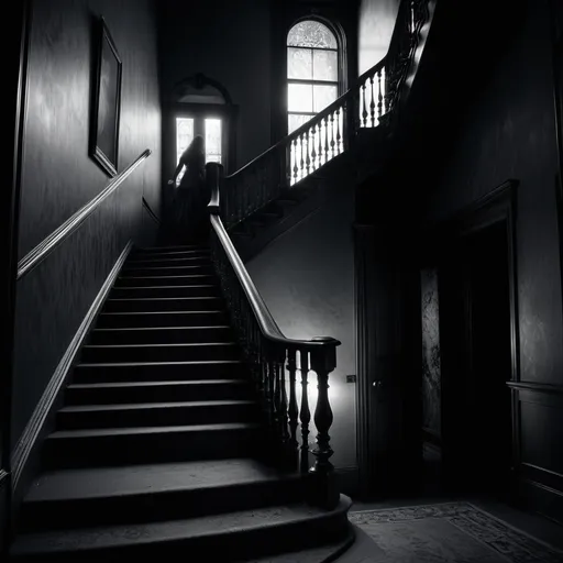 Prompt: Moody black and white photograph of a staircase at night in a Victorian mansion with ambient light of a shimmering vague ghostly figure at the bottom of the steps