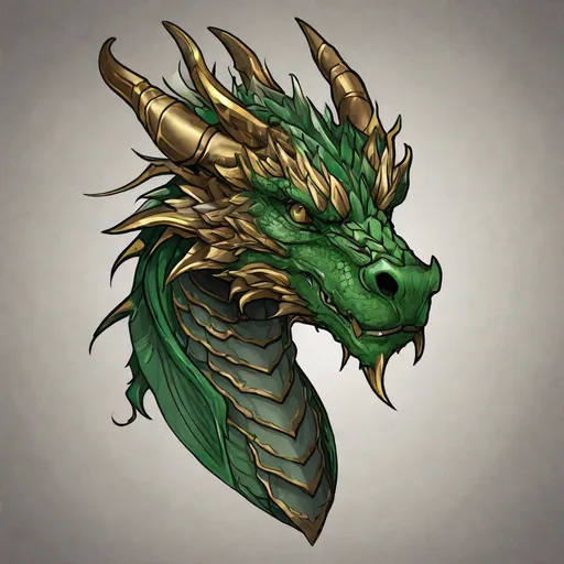 Prompt: Concept design of a dragon. Dragon head portrait. Coloring in the dragon is predominantly green with golden bronze streaks and details present.