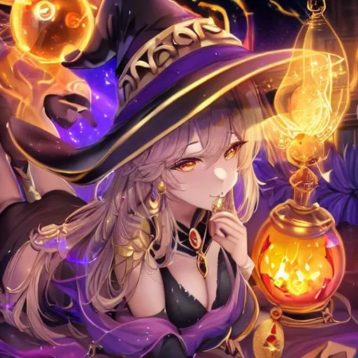Prompt: Butiful witch with gold lips and a magic orbe of fire