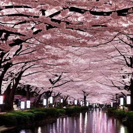 Prompt: A Futuristic Japanese city, with cherry blossom trees and Chinese floating lanterns.