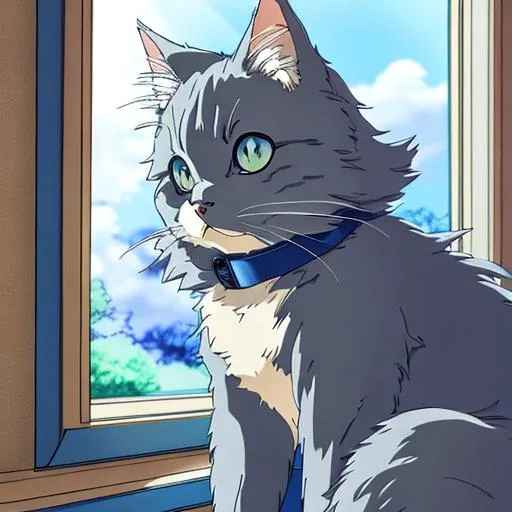 Prompt: Studio ghibli anime style, vivid HDR, Fluffy Blue-Gray cat named Misty, relaxing by the window, wearing small Sky blue collar