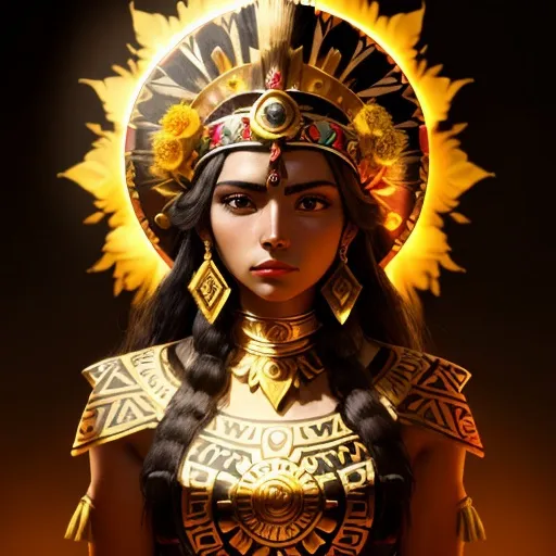 Prompt: Aztec, Mexican, light elemental, young woman, golden flowers