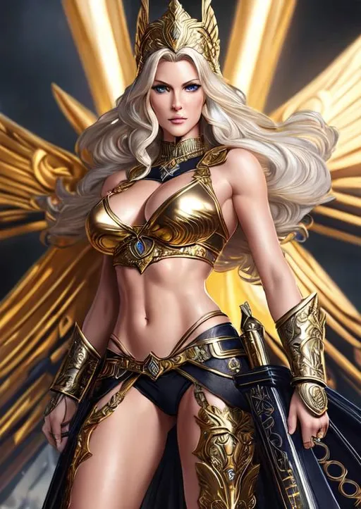 Prompt: ((tricia helfer as a Valkyrie with wings)), Tom Wood Fantasy Art style, action pose, high resolution face, high resolution  eyes, detailed eyes, long flowing platinum blonde hair, wearing ornate shining gold and steel bikini armor, wearing valkyrie helmet, two wings on back, 8k, hypermaximalist, elegant, ornate, hyper realistic, dramatic, digital painting, artstation, smooth, sharp focus, medieval castle background, full body shot, high resolution, artstation, detailed face and eyes