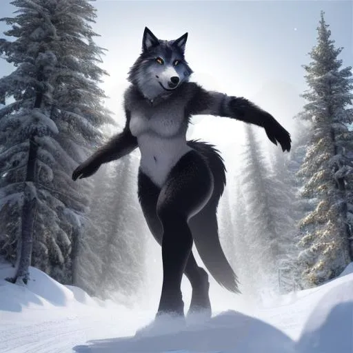 Prompt: Full-body detailed masterpiece, fantasy, high-res, quality upscaled image, perfect composition, subject of this image is a bipedal female wolf, gray fur, athletic body, 18k composition, 16k, 2D image, cell shaded, wolf, athletic torso, forest background, female chest; using renamon as the body,  wolf face features, busty chest, large fluffy tail,