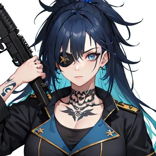 Prompt: (blue Messy hair with front spikes) wearing a eye patch that covers her right eye, wearing a military uniform, tattoos on her arms, holding a gun