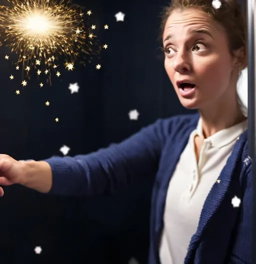 Prompt: Lady in a polo alone in bathroom stall is suprised because a sparkly magic spell suddenly flies straight at her