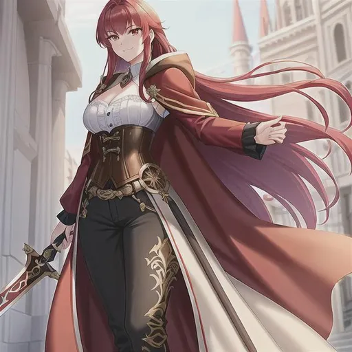 Prompt: a cute tall muscular young warrior woman, 20, with ornate red hair, with alabaster complexion, with large pretty red eyes, casual standing pose, looking happy and excited, wearing a cloak, wearing a large puffy white shirt, wearing a fancy blue corset, wearing long tan pants, wearing tall black boots, holding an ornate thin sword, fantasy genre