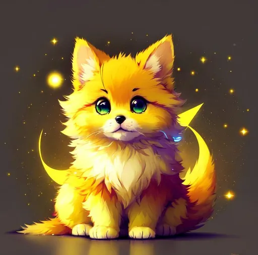 Prompt: Cute, yellow, fluffy, fantasy light puppy, with lighting, yellow eyes, yellow fur, and possessing the element of space and making circles of lighting stripes
 move around in the air in a magical way, in a space background. Perfect features, extremely detailed, realistic. Krenz Cushart + loish +gaston bussiere +craig mullins, j. c. leyendecker +Artgerm.