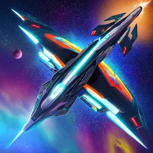 Prompt: a cool futuristic spaceship flying through a crazy mixture of colors in space with cool stars