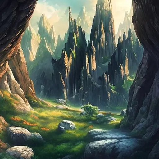 Prompt: wall created by tall sharp mountains, fantasy art