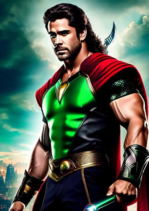 Prompt: High-resolution hyperrealistic photo of marvel's demigod {{hercules}} merged with thor, green and red and black and gold costume, uhd, hdr, 64k