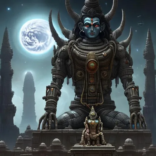 Prompt: Outer space, spacecraft, spaceship, robot, Hindu god, shiva, lord shiva, Hinduism biological, mechanical, robotic, giant, futuristic, dark fantasy art style, painting, evil, alien, sci-fi art style, monument, temple