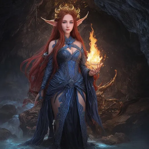 Prompt: Create Splashart, a fantasy style ultra Intricate, ultra realistic dark fantasy ancient windy cavernous cave, with a majestic waterfall flowing into a pool of clear blue water,

focused on a full body, hyper cute young feminine faced, perfect young slender, flowing red haired Elf sorceress, intricately detailed piercing blue eyes, proportionate cleavage, (((casting magic flame from her finger tip))), light from the magic flame of her finger tip illuminating the cave,

wearing a thick iron slave collar, multi color silk robe, deep red eyes glowing in the background,

Professional Photo Realistic Image, RAW, artstation, perfect lighting, perfect shadows, contour, hyper detailed, intricately detailed, unreal engine, fantastical, intricate detail, fantasy concept art, 8k resolution, deviantart masterpiece, splash arts, ultra details Ultra realistic, hi res, UHD, 3D Rendering, depth of field 4.0, APSC, ISO 900,