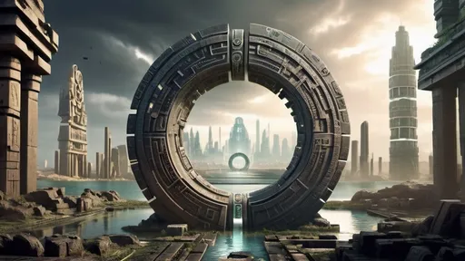 Prompt: magical portal between cities realms worlds kingdoms, circular portal, ring standing on edge, upright ring, freestanding ring, hieroglyphs on ring, complete ring, ancient aztec architecture, ruins of atlantis city plaza setting, panoramic view, futuristic cyberpunk tech-noir setting