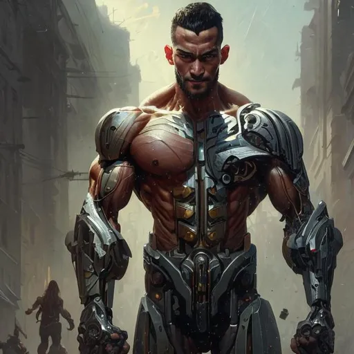 Prompt: cyborg muscular handsome man as hakim ziyech YouTube thumbnail by greg rutkowski, long bangs, going gray, dynamic pose, intricate, futuristic, fantasy, elegant, by stanley artgerm lau, greg rutkowski, thomas kindkade, alphonse mucha, loish, norman rockwell,