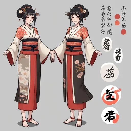 Prompt: An ancient Japan themed female adoptable that has a lot of designs on a ref sheet 