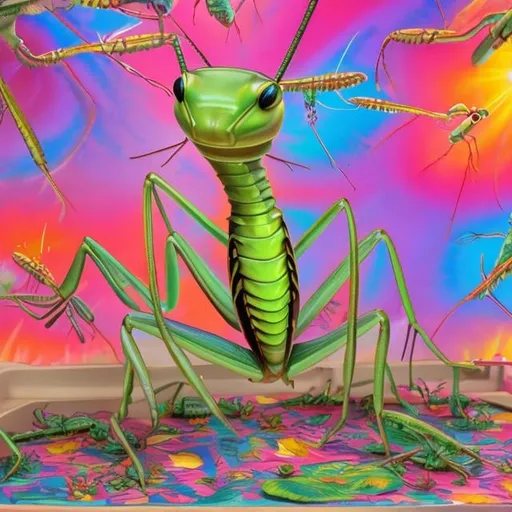 Prompt: Praying mantis diorama in the style of Lisa frank