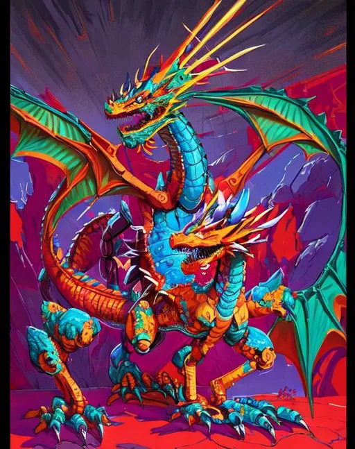 Brightly colored, robotic dragon, painted in Brock H... | OpenArt