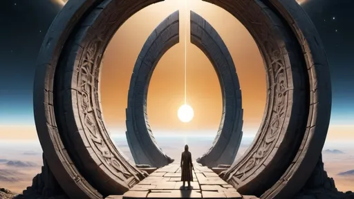 Prompt: circular stargate, gateway between worlds, ring, ring standing on edge, panoramic view