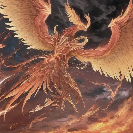 Prompt:  phoenix, enormous wings, emerging from behind clouds, talons, emitting a blaze, lighting up the night sky